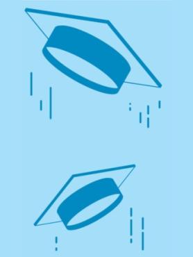 Two blue graduation caps with stylized motion lines on a light blue background