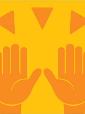 Two orange hands raised with triangles on yellow background