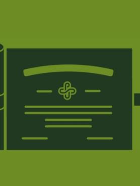 Green diploma with ribbon on dark green background