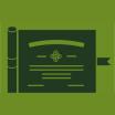 Green diploma with ribbon on dark green background