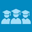 Three graduates in blue caps and gowns