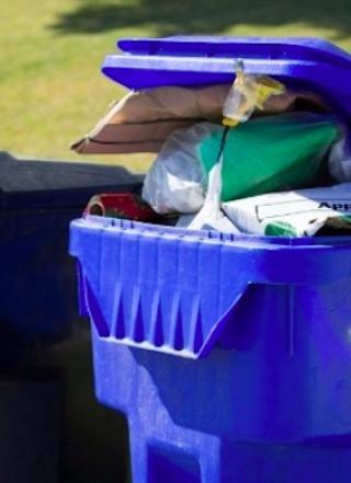 picture of a trash and recycle rollcart in front of a house