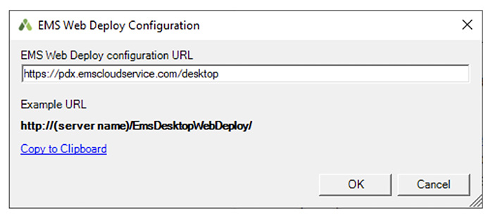 Sample of a pop-up alert. Shows the EMS Web Deploy configuration URL should lead to the desktop.