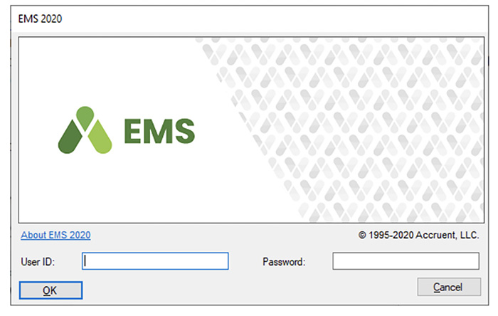 Sample of EMS log-in pop-up. Enter User ID in left field, password in right one.