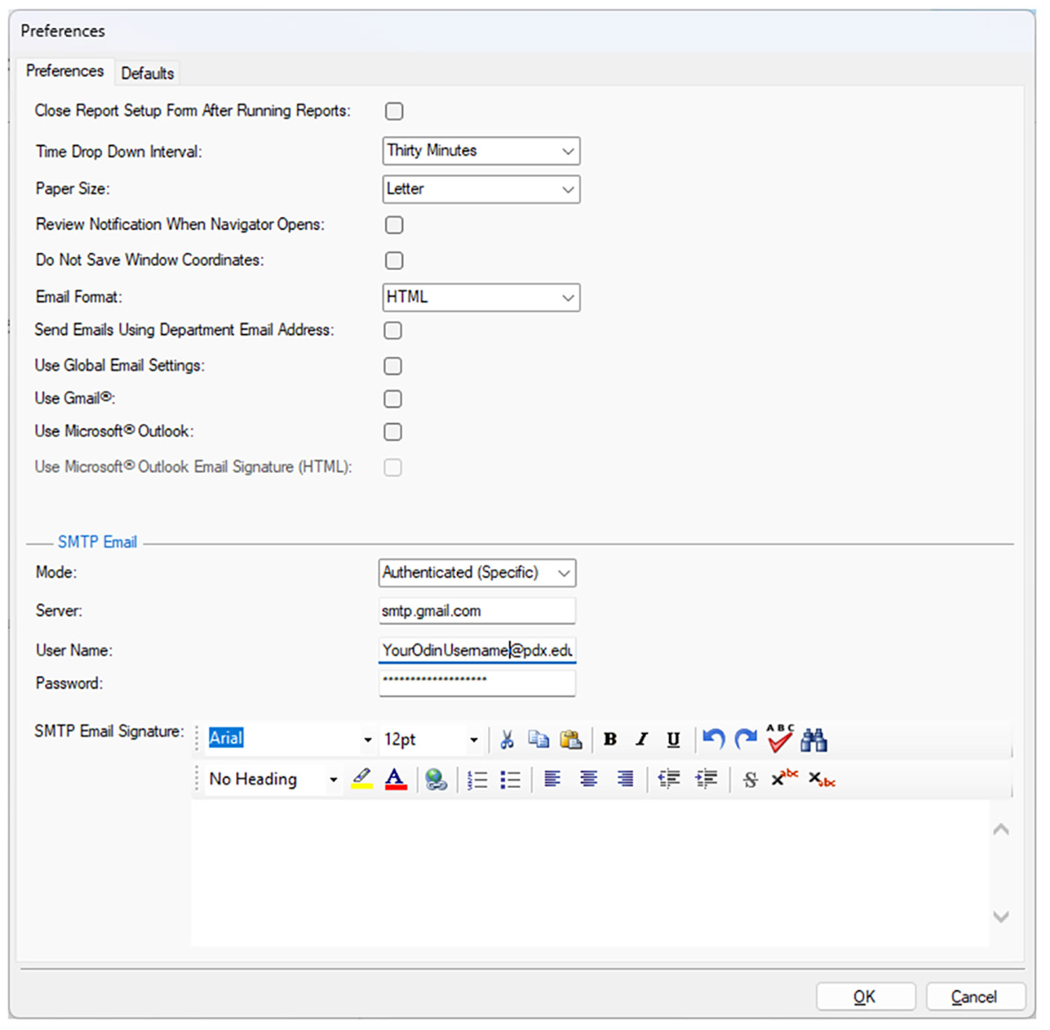 Shows email preferences pop-up. In STMP preferences, mode is authenticated (specific). Server is smtp.gmail.com. User name should be your user name at pdx.edu 