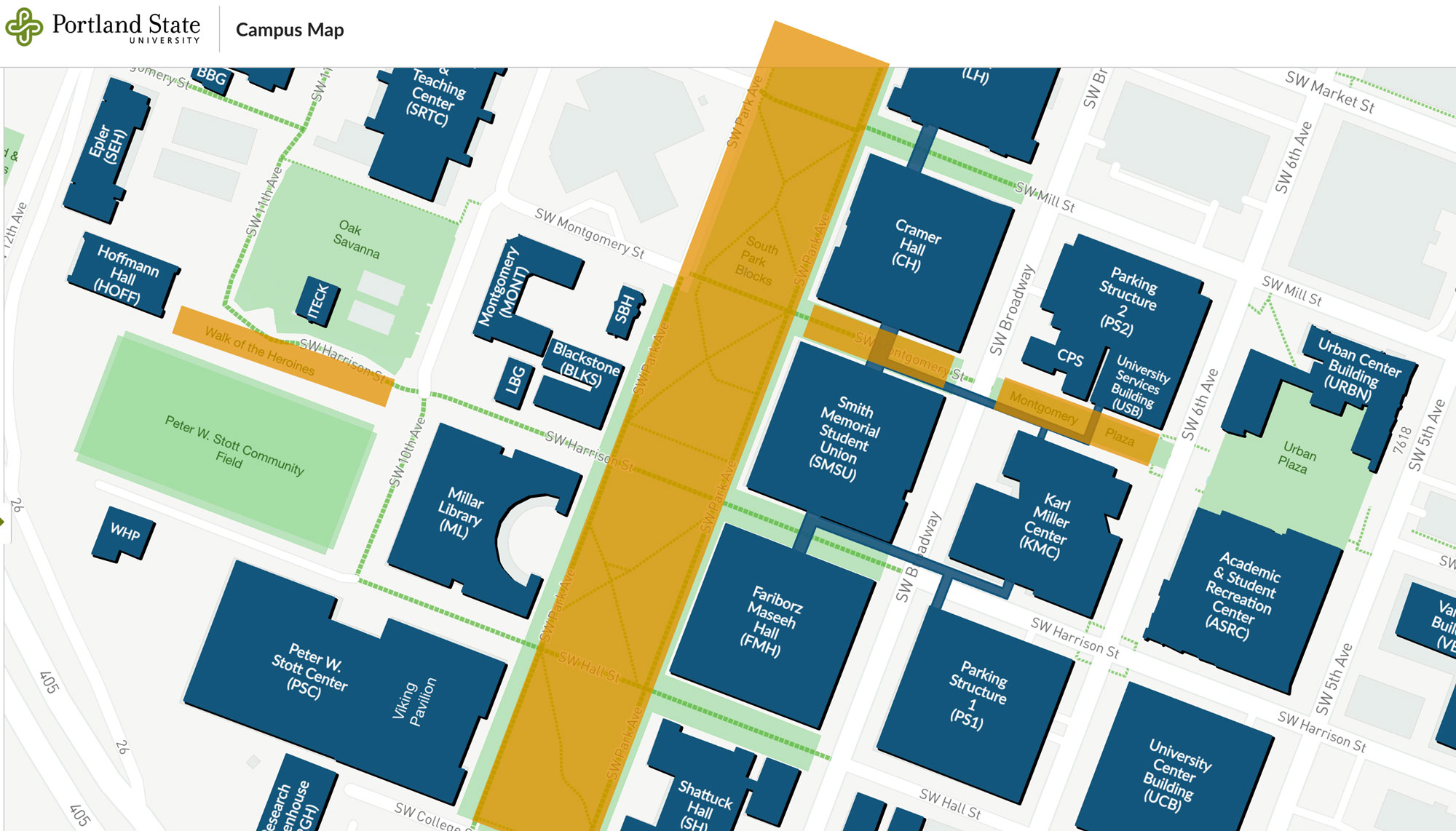 Screen shot of the campus map with the Park Blocks, Walk of Heroines, tabling areas and Montgomery Plaza highlighted for reference. 