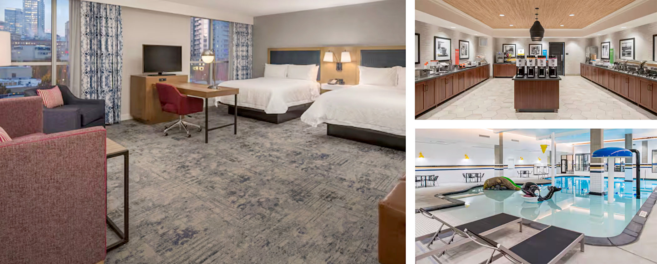 Marketing photo showing a two-bed room, buffet area and pool area at the Hampton Inn Pearl in Portland.