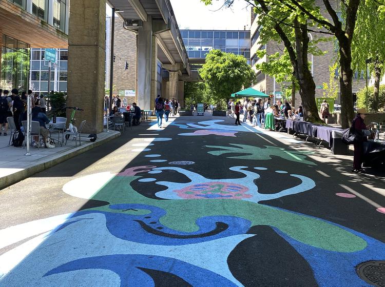 One block of SW Montgomery Street can be reserved for events. A P S U student designed mural spans the block.