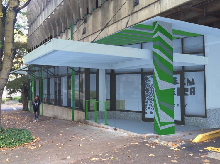 Architectural rendering of the Green Zebra storefront built into the parking structure