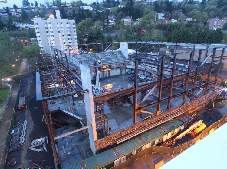 Photograph of the Viking Pavilion during construction after structural support beams had been erected