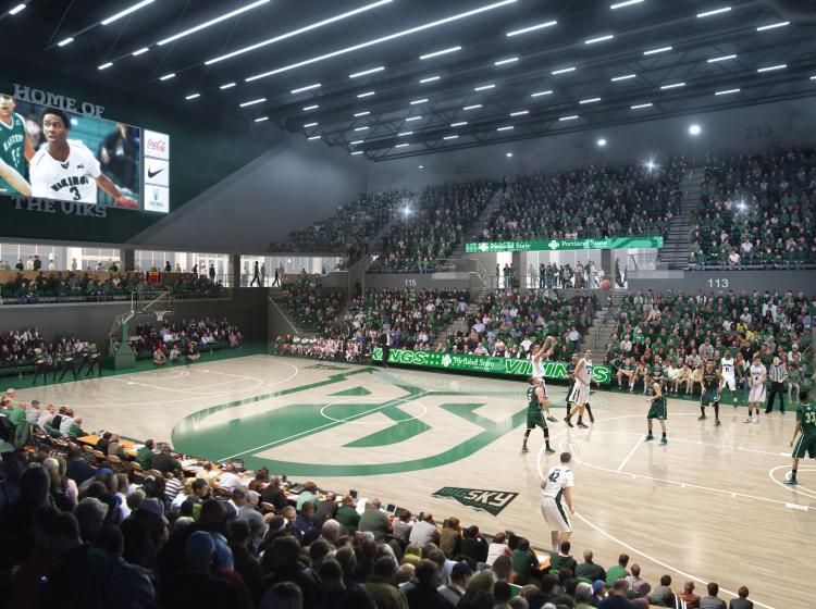 An architectural rendering of the basketball court being viewed from the stands