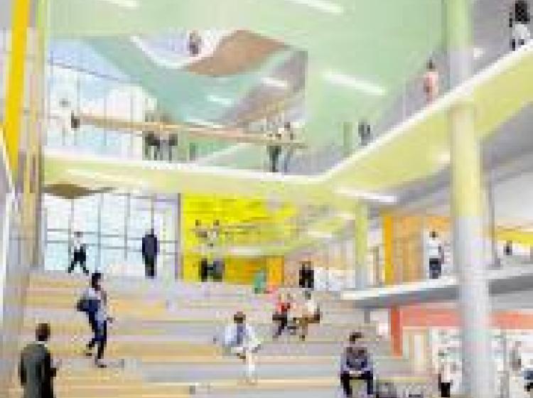 An architectural rendering of the staircase and gathering area from the ground floor