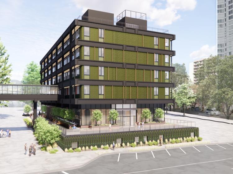 Updated render of Vernier Science Center. Picture is of a modern style, green 5-floor building