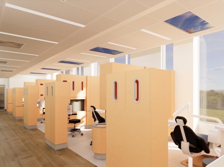 Dental office with a series of dental chairs located in birch wood cubicles.