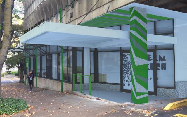 Architectural rendering of the Green Zebra storefront built into the parking structure