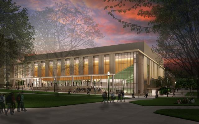 Architectural rendering of the outside of the Viking Pavillion, being viewed from the park blocks at twilight