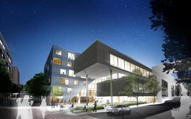 An architectural rendering of the outside of the northeast portion of the building at night