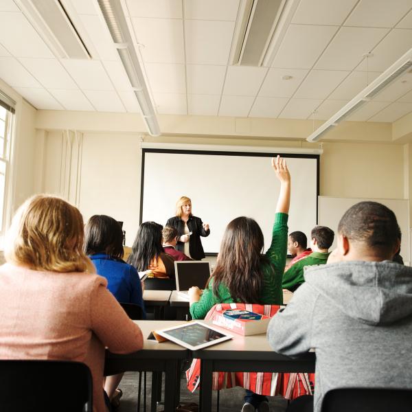 Student with raised hand in classroom