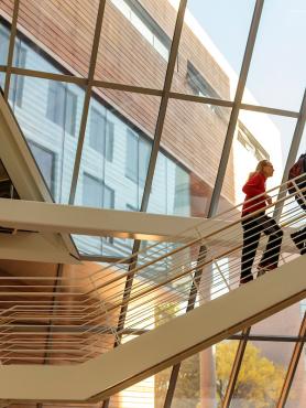 People walking up stairway in Karl Miller Center