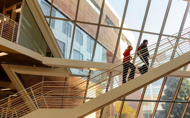 People walking up stairway in Karl Miller Center