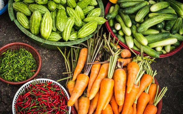 Variety of produce (carrots, cucumbers, peppers, etc.)