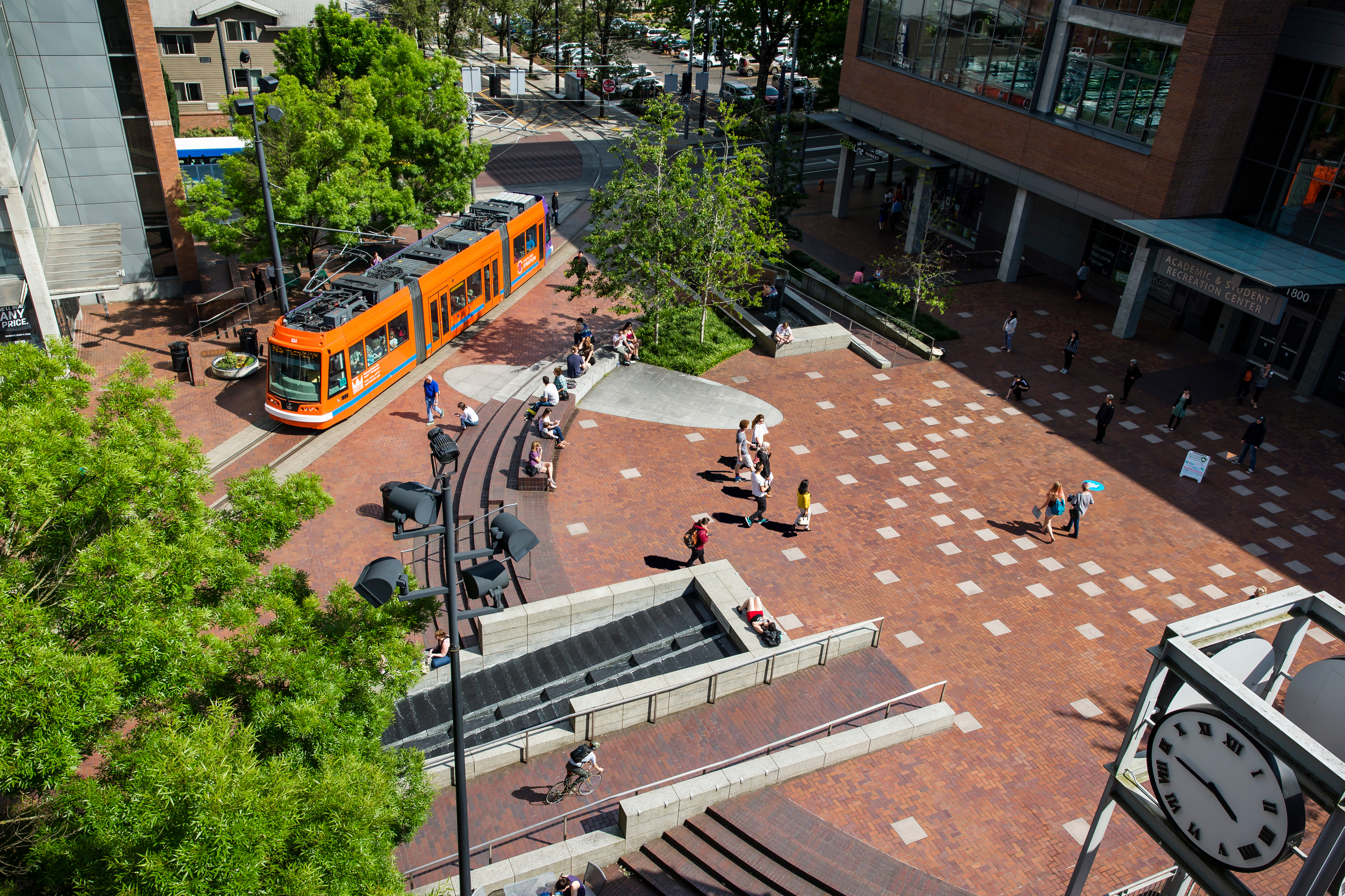 rooftop photo of PSU urban center and Portland street car