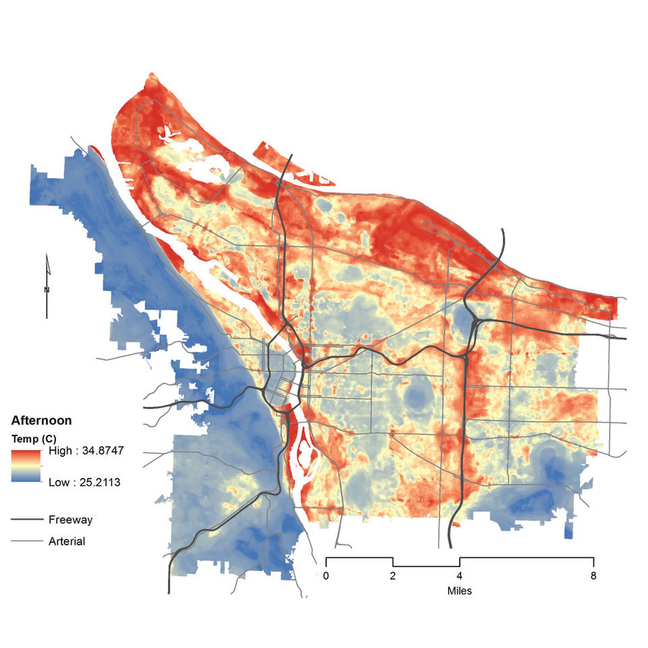 A map showing gradations of temperature within the city of Portland