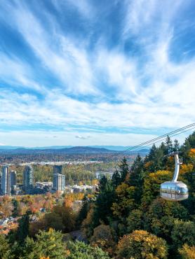 photo of Portland skyline and trame near south waterfront area