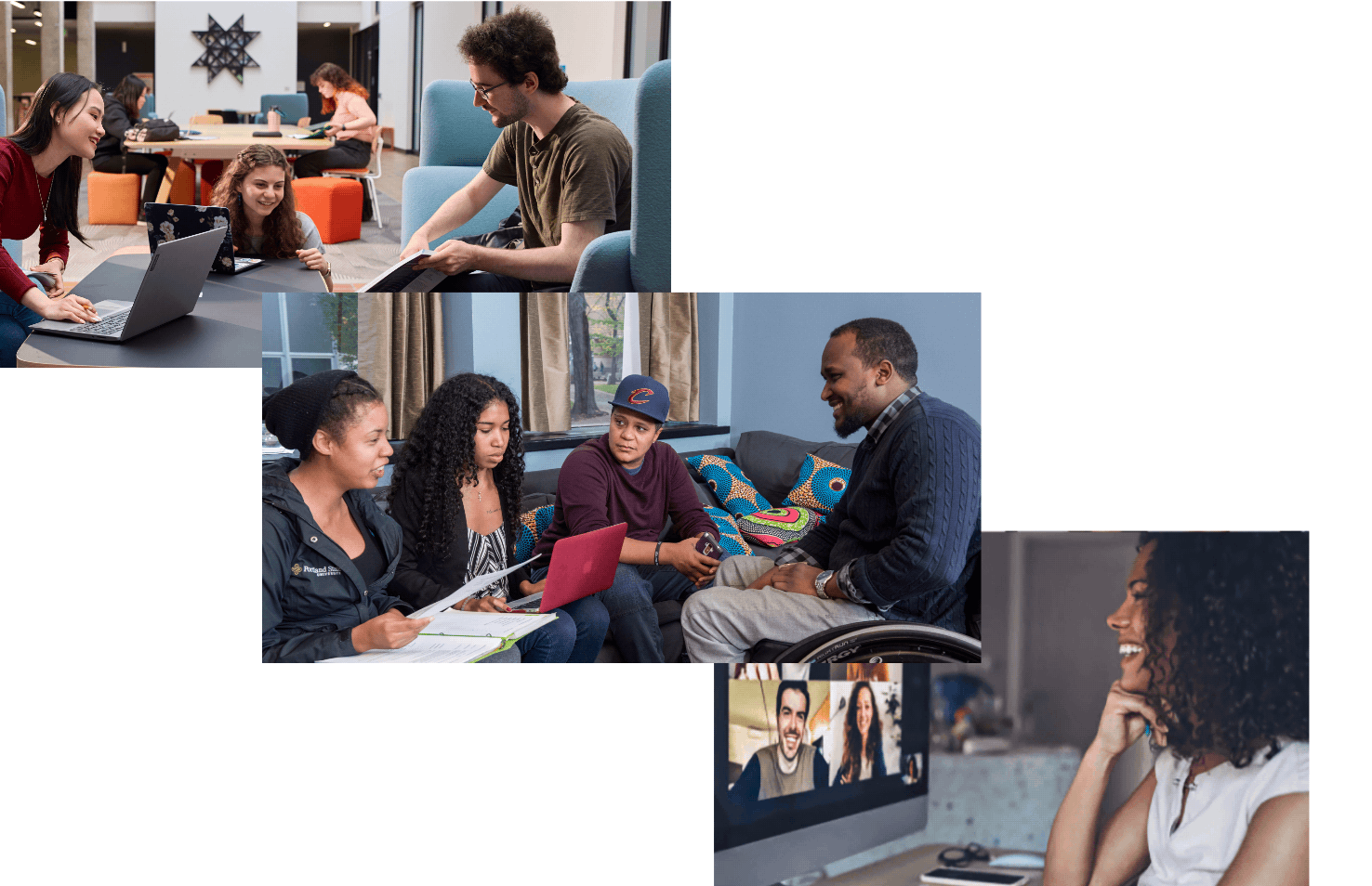 Collage of 3 photos. Top image 3 students sitting together collaborating and looking at a book. Scond image: a group of 4 students, 3 on couch, 1 on wheelchair smiling as they work on a project. Third image: One woman smiles looking at people in online meeting on computer screen.