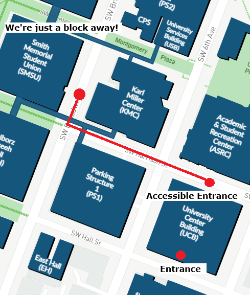 Section of a map of Portland State University campus. A red line moves southwest for half a block from the Broadway entrance of Smith Memorial Student Union, then turns left to continue southeast for one and  half blocks, to the Harrison street entrance of University Center Building. Text overlaid in the top-left corner reads "We're just a block away!" Text overlaid on UCB indicates the Accessible Entrance of the building on Harrison, and another Entrance on Hall.