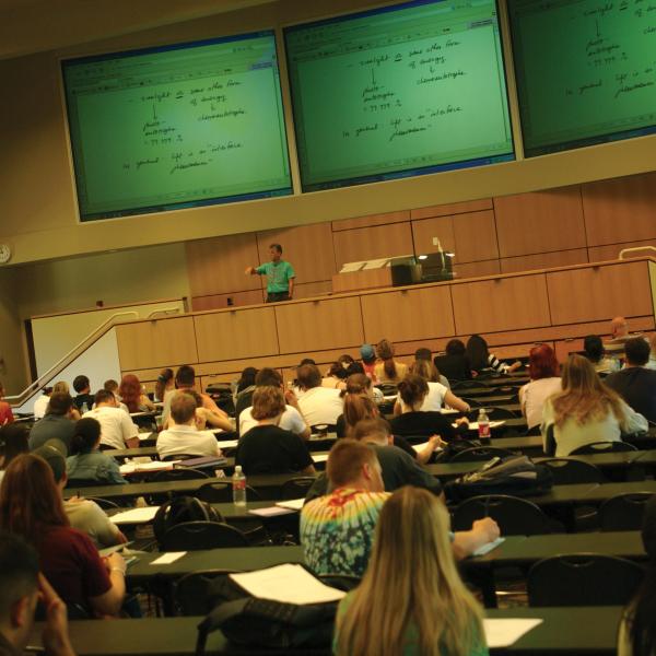 Lecture hall filled with students.