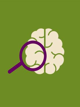 Drawing of purple magnifying glass hovering over a brain