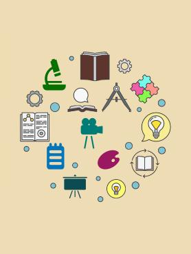 Education icons such as: book, compass, painter's palette, move camera, notepad, microscope
