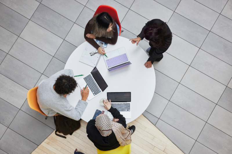 Aerial of four people around table