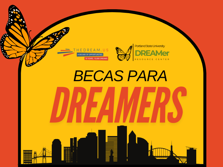 Image with Portland city skyline and text: Becas para dreamers
