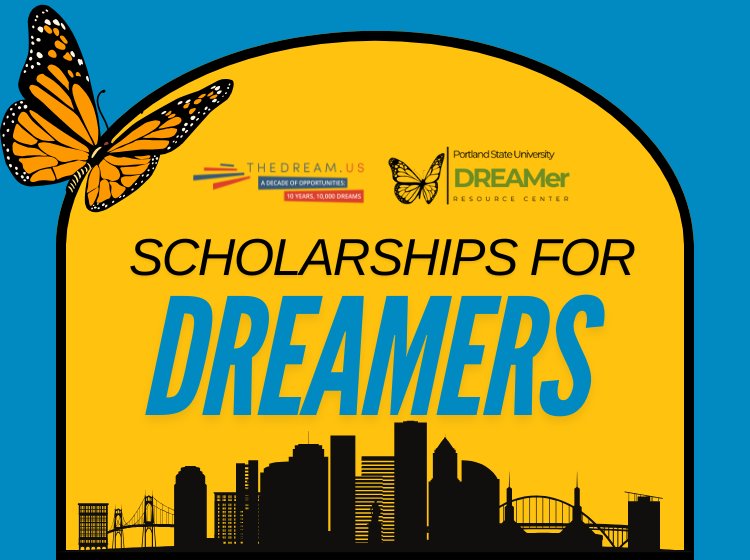 Image with Portland city skyline and text: Scholarships for Dreamers