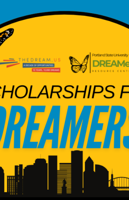 Image with Portland city skyline and text: Scholarships for Dreamers