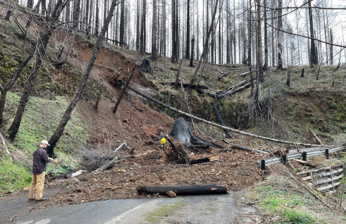 Post-fire landslide on highway