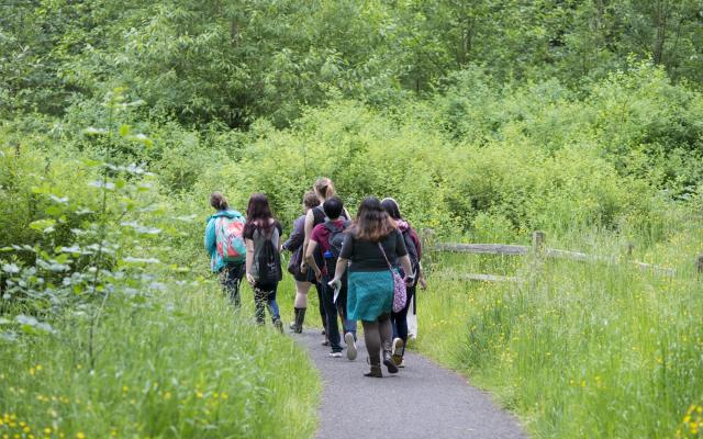 Students walking on trail in forested park