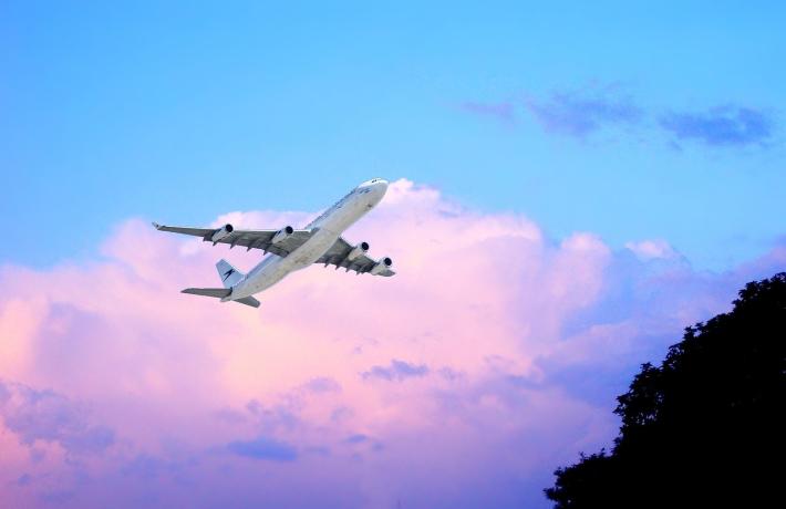Airplane in pink sky