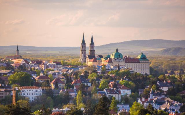 View of Vienna with hills in the distance.