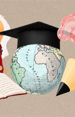 A picture of a glove with a graduation cap on top with a book, a brain, a lightbulb, and the tip of a pencil surrounding it.