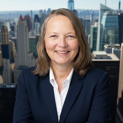 Stefanie Randol, a Caucasian woman with shoulder-length grey-blond hair, wearing a navy business suit with a cityscape behind her.
