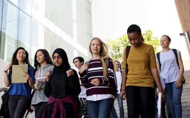 Teenagers walking down steps