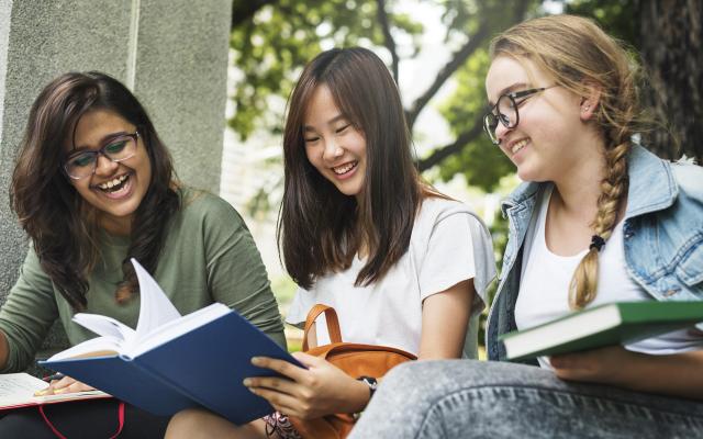 Undergraduate students working on schoolwork together