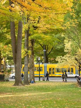 park blocks and streetcar at Portland State Unviversity