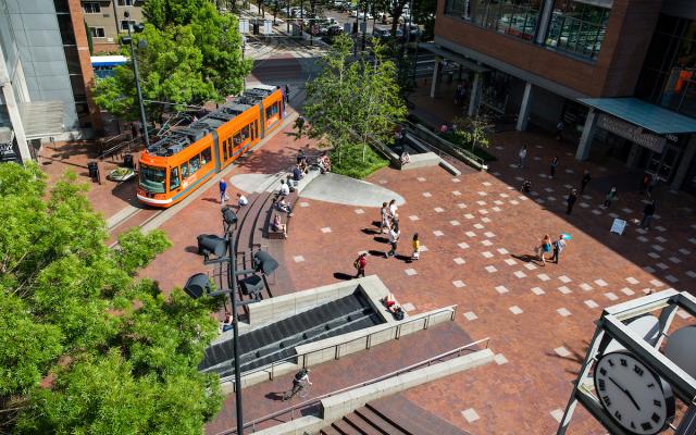 Aerial view of Portland State Campus Urban Plaza