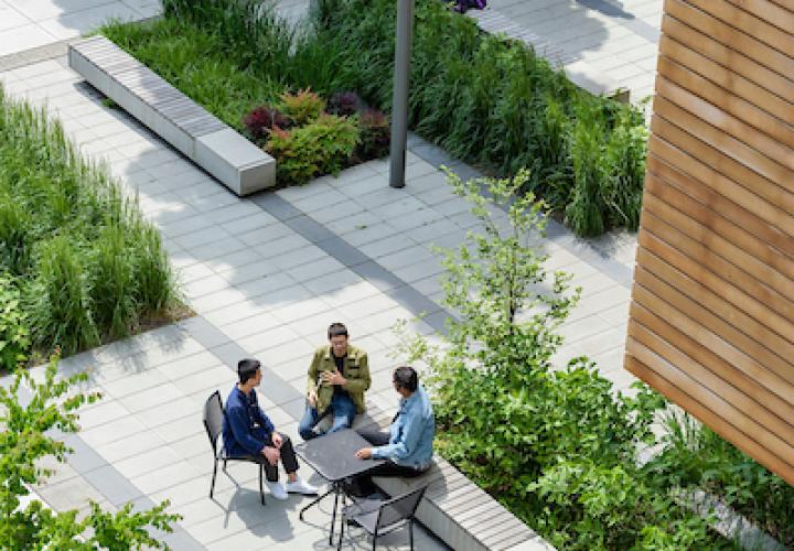 Portland State University students sitting in the courtyard