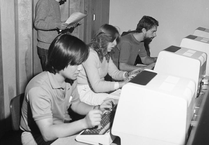 Computer science students in a lab the 1980s.