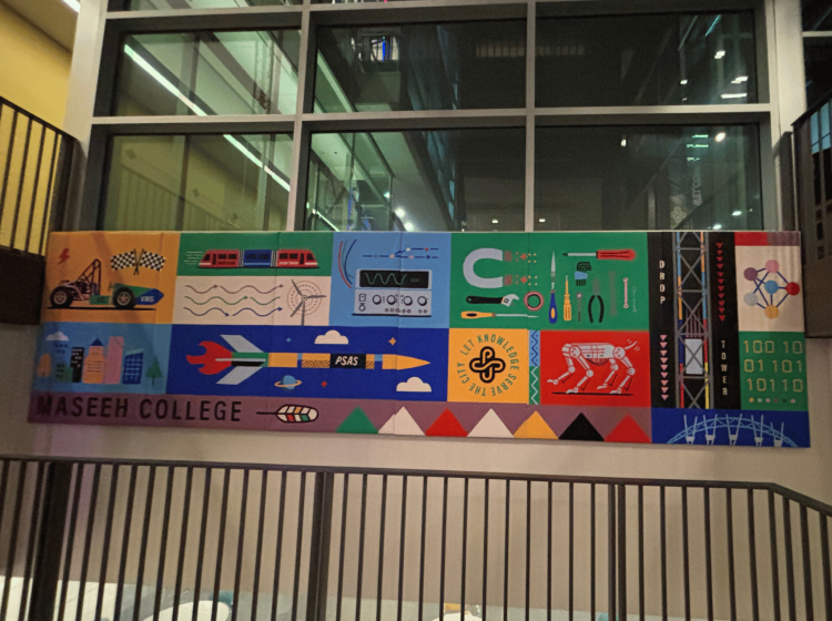 A brightly colored mural with a rocket, the PSU logo, and a robot, among many other engineering imagery.